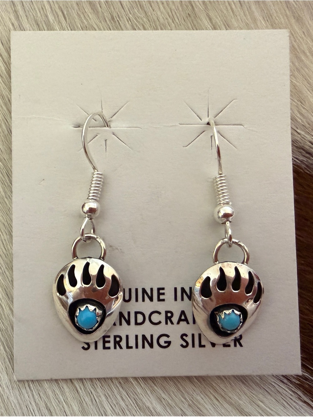 ❤️ Native Made Navajo Bear Paw Turquoise Sterling Silver Dangle Earrings 1.19”L - Picture 5 of 13